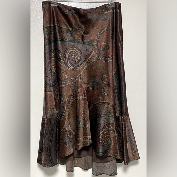 Ralph Lauren Brown Silk Paisley Mermaid Tulip Skirt Size 16 Boho Chic Luxe - Picture 1 of 13